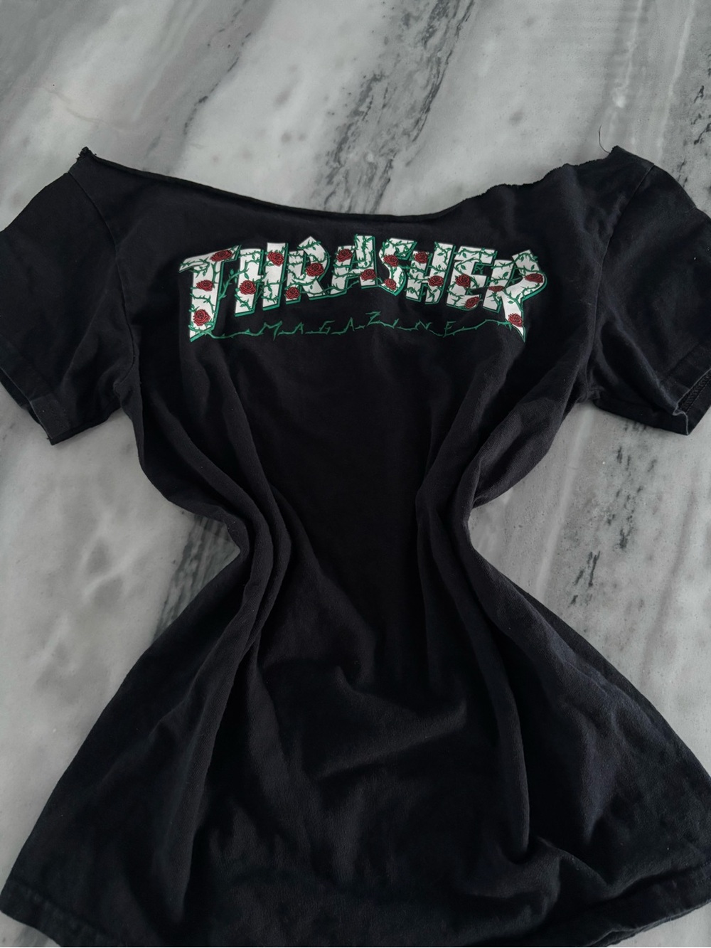Thrasher Black Tee with Red & Green Floral Logo